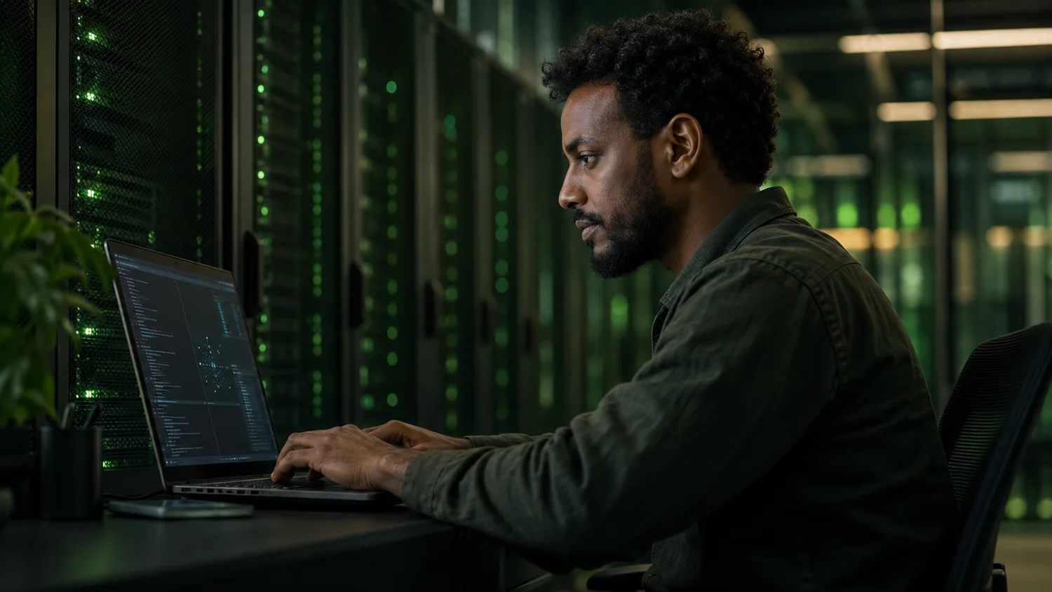 Ethiopian technology engineer working in a data center